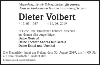 Traueranzeige von Dieter Volbert  von Magdeburger Volksstimme