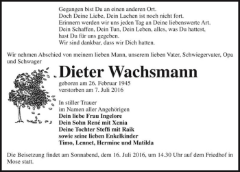 Traueranzeige von Dieter Wachsmann  von Magdeburger Volksstimme