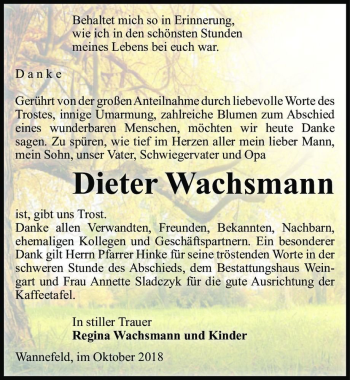 Traueranzeige von Dieter Wachsmann  von Magdeburger Volksstimme