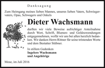 Traueranzeige von Dieter Wachsmann  von Magdeburger Volksstimme