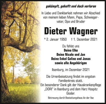 Traueranzeige von Dieter Wagner  von Magdeburger Volksstimme