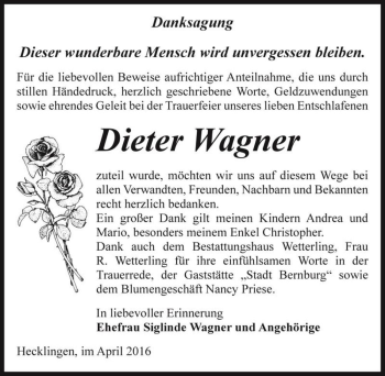 Traueranzeige von Dieter Wagner  von Magdeburger Volksstimme