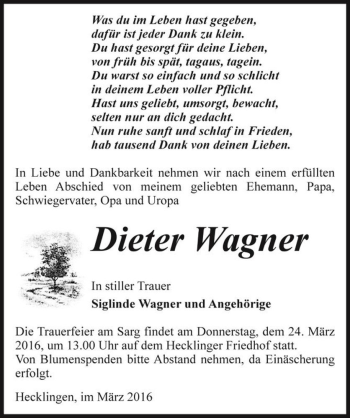 Traueranzeige von Dieter Wagner  von Magdeburger Volksstimme