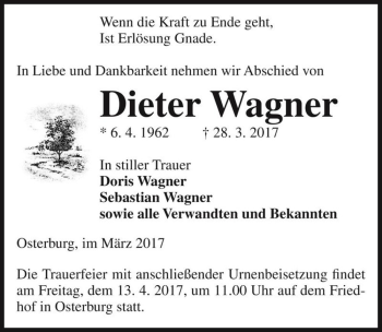 Traueranzeige von Dieter Wagner  von Magdeburger Volksstimme