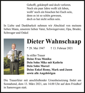Traueranzeige von Dieter Wahnschaap  von Magdeburger Volksstimme
