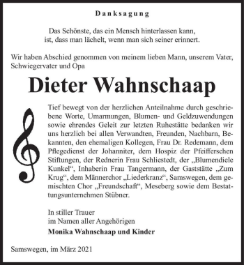 Traueranzeige von Dieter Wahnschaap  von Magdeburger Volksstimme