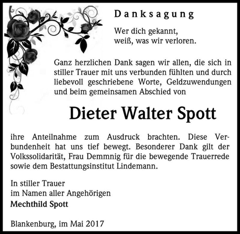  Traueranzeige für Dieter Walter Spott  vom 13.05.2017 aus Magdeburger Volksstimme