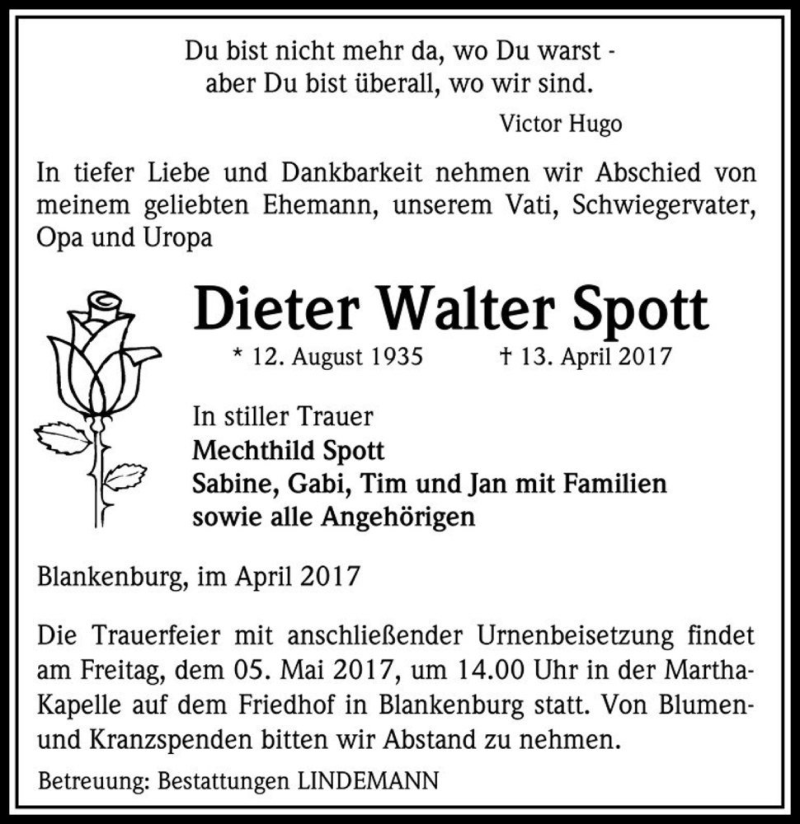  Traueranzeige für Dieter Walter Spott  vom 22.04.2017 aus Magdeburger Volksstimme