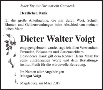 Traueranzeige von Dieter Walter Voigt  von Magdeburger Volksstimme