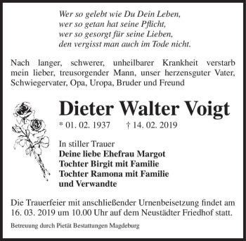 Traueranzeige von Dieter Walter Voigt  von Magdeburger Volksstimme