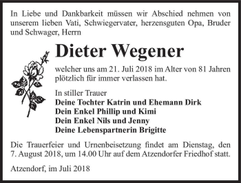 Traueranzeige von Dieter Wegener  von Magdeburger Volksstimme