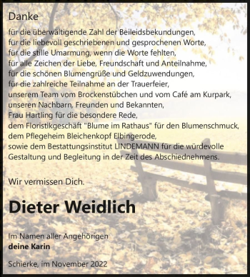 Traueranzeige von Dieter Weidlich  von Magdeburger Volksstimme