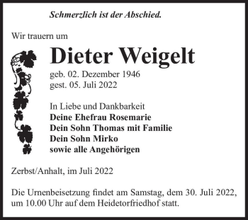 Traueranzeige von Dieter Weigelt  von Magdeburger Volksstimme