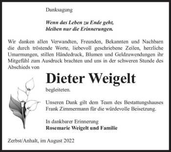 Traueranzeige von Dieter Weigelt  von Magdeburger Volksstimme