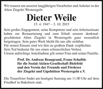 Traueranzeige von Dieter Weile  von Magdeburger Volksstimme