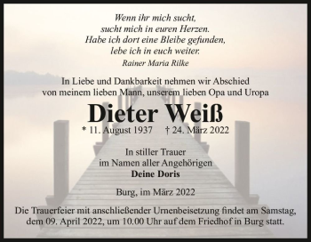Traueranzeige von Dieter Weiß  von Magdeburger Volksstimme