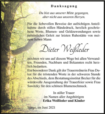 Traueranzeige von Dieter Weißleder  von Magdeburger Volksstimme