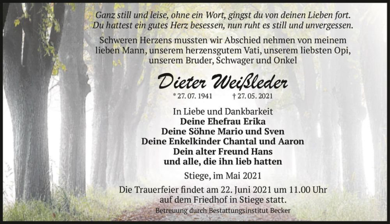  Traueranzeige für Dieter Weißleder  vom 12.06.2021 aus Magdeburger Volksstimme