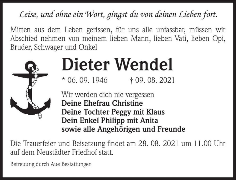  Traueranzeige für Dieter Wendel  vom 21.08.2021 aus Magdeburger Volksstimme