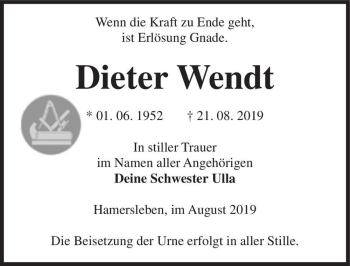 Traueranzeige von Dieter Wendt  von Magdeburger Volksstimme
