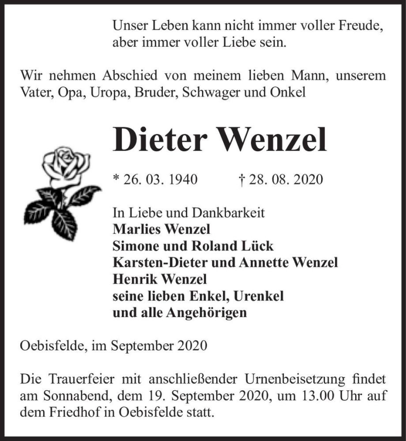  Traueranzeige für Dieter Wenzel  vom 02.09.2020 aus Magdeburger Volksstimme