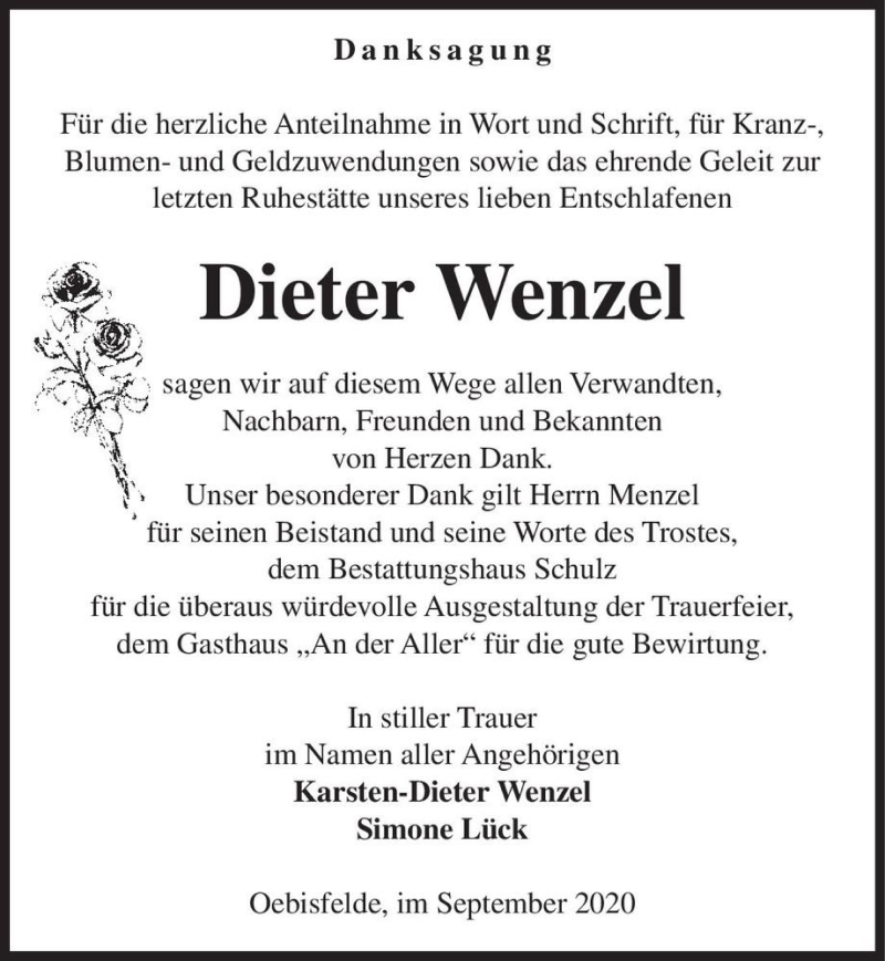  Traueranzeige für Dieter Wenzel  vom 26.09.2020 aus Magdeburger Volksstimme