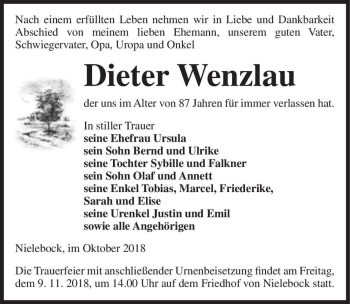 Traueranzeige von Dieter Wenzlau  von Magdeburger Volksstimme