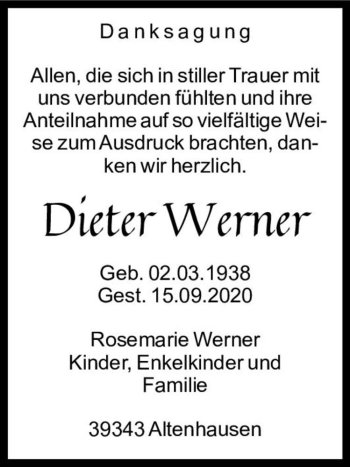 Traueranzeige von Dieter Werner  von Magdeburger Volksstimme