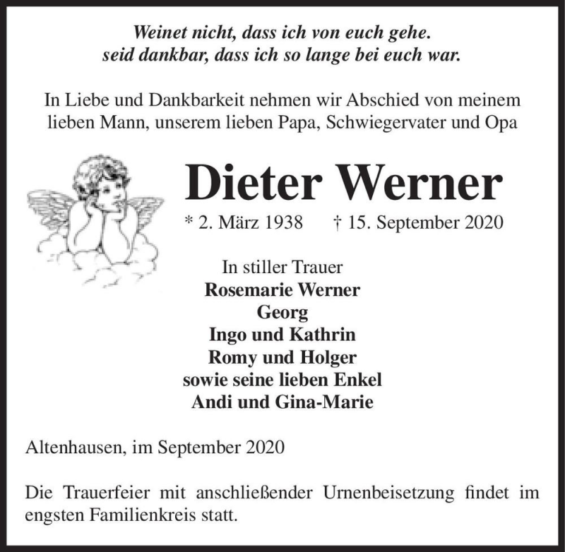  Traueranzeige für Dieter Werner  vom 17.09.2020 aus Magdeburger Volksstimme