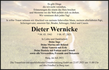 Traueranzeige von Dieter Wernicke  von Magdeburger Volksstimme