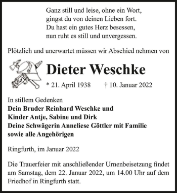 Traueranzeige von Dieter Weschke  von Magdeburger Volksstimme