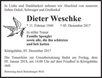 Traueranzeige von Dieter Weschke  von Magdeburger Volksstimme