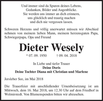 Traueranzeige von Dieter Wesely  von Magdeburger Volksstimme