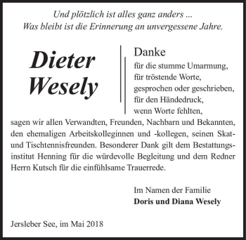 Traueranzeige von Dieter Wesely  von Magdeburger Volksstimme