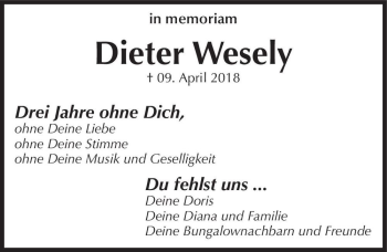 Traueranzeige von Dieter Wesely  von Magdeburger Volksstimme