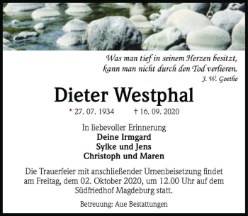 Traueranzeige von Dieter Westphal  von Magdeburger Volksstimme
