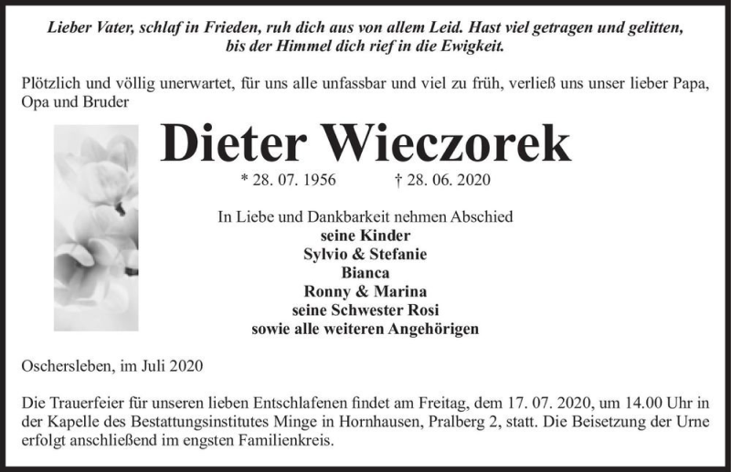  Traueranzeige für Dieter Wieczorek  vom 04.07.2020 aus Magdeburger Volksstimme