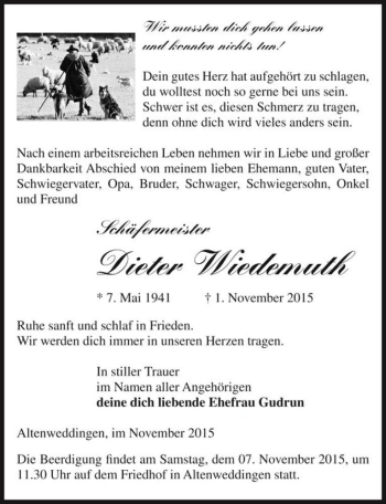Traueranzeige von Dieter Wiedemuth  von Magdeburger Volksstimme