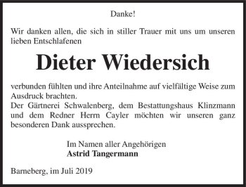 Traueranzeige von Dieter Wiedersich  von Magdeburger Volksstimme