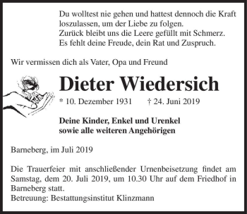 Traueranzeige von Dieter Wiedersich  von Magdeburger Volksstimme