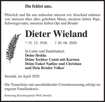 Traueranzeige von Dieter Wieland  von Magdeburger Volksstimme