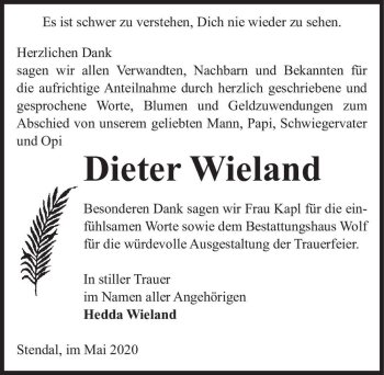 Traueranzeige von Dieter Wieland  von Magdeburger Volksstimme