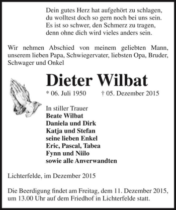 Traueranzeige von Dieter Wilbat  von Magdeburger Volksstimme