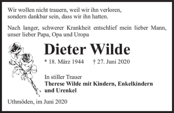 Traueranzeige von Dieter Wilde  von Magdeburger Volksstimme