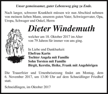 Traueranzeige von Dieter Windemuth  von Magdeburger Volksstimme