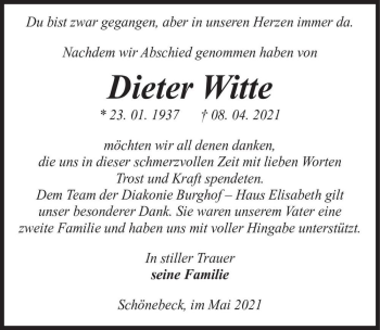 Traueranzeige von Dieter Witte  von Magdeburger Volksstimme