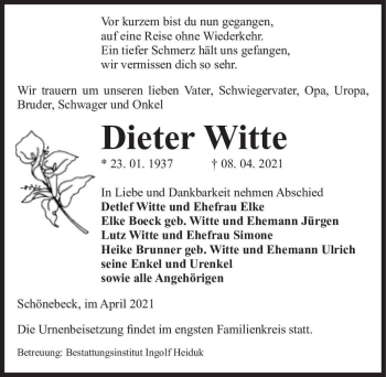 Traueranzeige von Dieter Witte  von Magdeburger Volksstimme