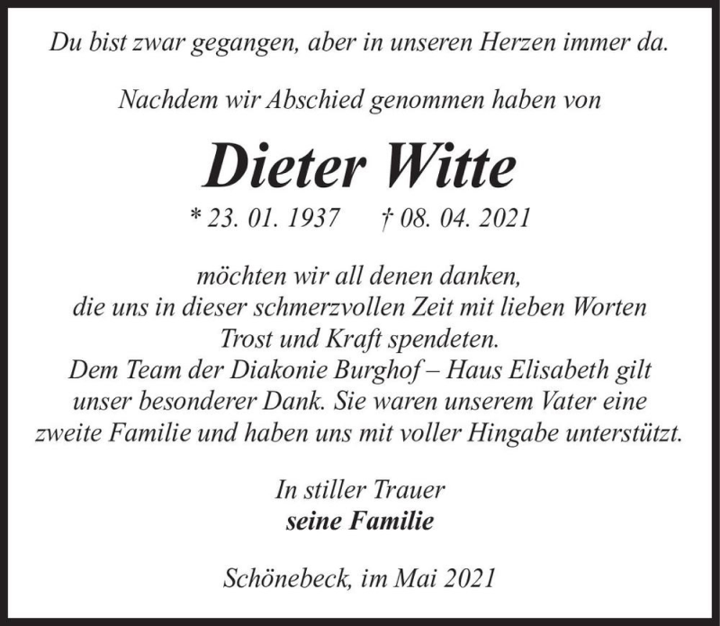  Traueranzeige für Dieter Witte  vom 15.05.2021 aus Magdeburger Volksstimme