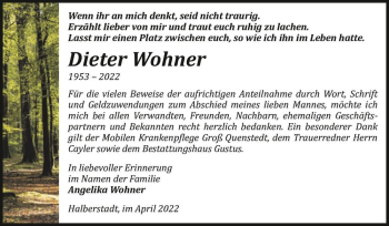 Traueranzeige von Dieter Wohner  von Magdeburger Volksstimme
