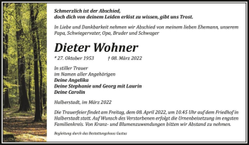 Traueranzeige von Dieter Wohner  von Magdeburger Volksstimme